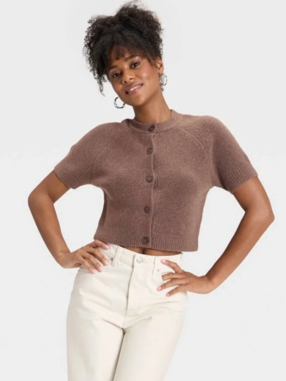 NWT** Universal Thread Women's Short Sleeve Cozy Knit Button Down Cardigan Brown